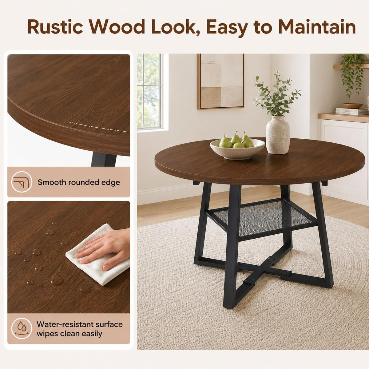Round Extendable Dining Table, 47.2 to 59 Inch Kitchen Table for 4 to 6 People, Farmhouse Dining Room Table with Metal Mesh Storage Shelf, Walnut Wood Grain Top for Small Spaces Apartment