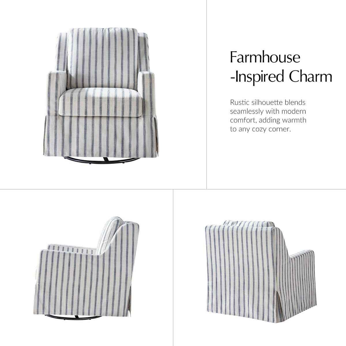 HULALA HOME Farmhouse Swivel Rocker Chair with Washable Slipcover, Navy