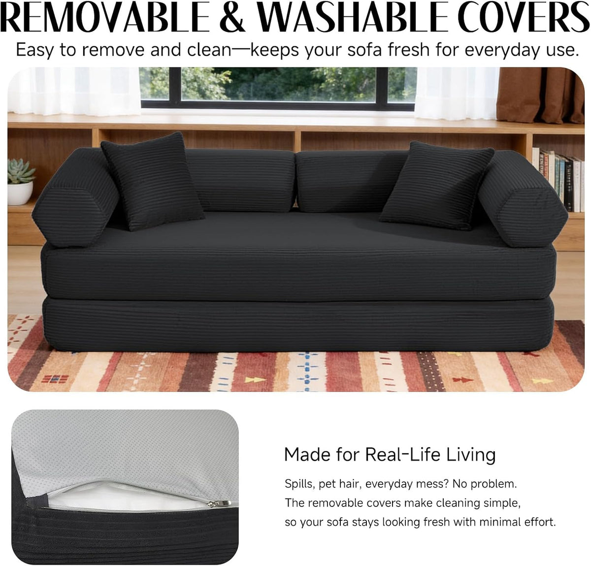 79" Corduroy Sofa Bed, Couch in a Box with 2 Pillows, High-Density Foam 4-in-1 Foldable Sleeper Futon Loveseat for Small Spaces, No Assembly, Side Pockets, Hex Arm Black