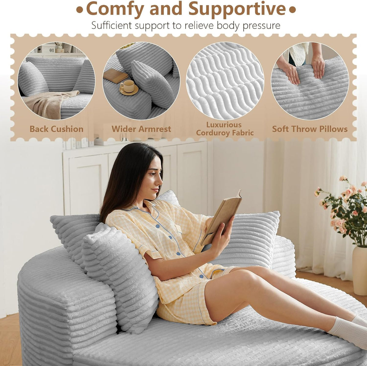 Oversized Round Chair Lounge Chaise Indoor, Upholstered Corduroy Deep Seat Cloud Large Circle Sofa Chair, No Assembly Required, Fluffy Modern Sleeper Sofa Bed for Reading, Living Room, Light gray