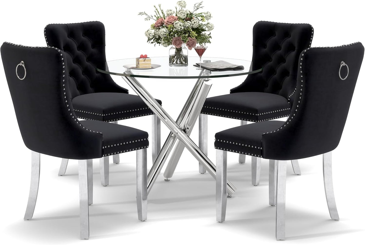 Modern Silver Round Glass Dining Table Set for 2, 36'' Luxury Minimalist Circle Dinette Room Set, 3 PCS Clear Circular Glass Top Kitchen Set, Black High-end Tufted Chairs, for Small Place