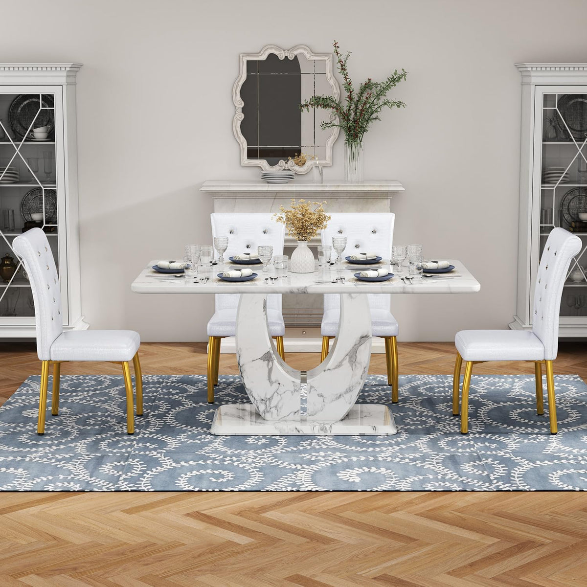 Modern Faux Marble Dining Table Set for 4, 63" White Rectangular Kitchen Table with Elegant U-Shaped Pedestal Base & 4 Tufted Upholstered High-Back Chairs, Luxury 7-Piece Dining Room Furniture Set
