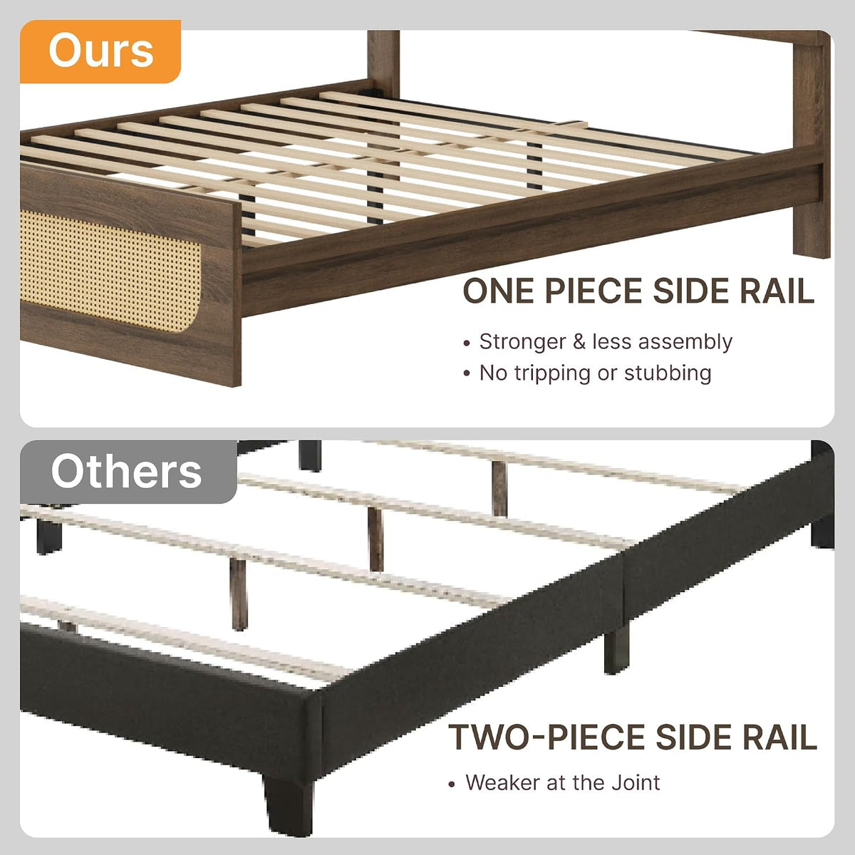 KISLOT Boho Rattan Bed Frame, Farmhouse Platform Bed Frame with Headboard and Footboard, Bedroom Furniture Solid Wood Support Mattress Foundation with Silent Slat Support No Box Spring Needed