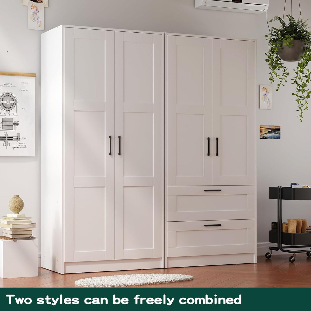 Fenghua Lizhi Wood White Wardrobe Closet with 2 Doors and 2 Drawers,Bedroom Freestanding Armoire Storage Cabinet with Shelves,Wooden Wardrobe Combination for Hanging Clothes (White 2 Drawers)