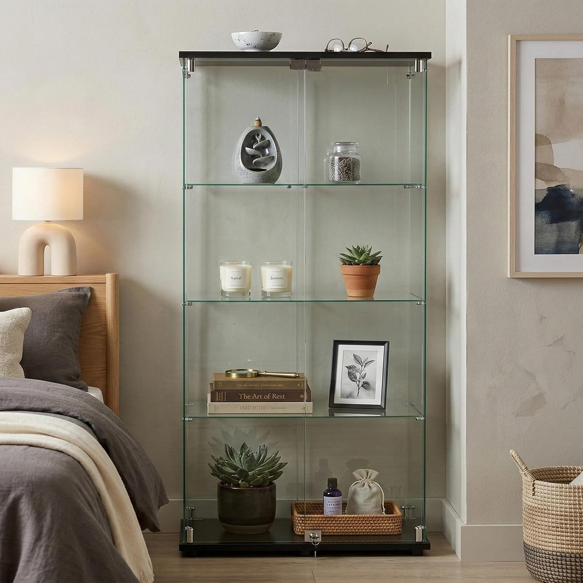 BEAUTYPEAK Tempered Glass Display Cabinet, Double Door, Black