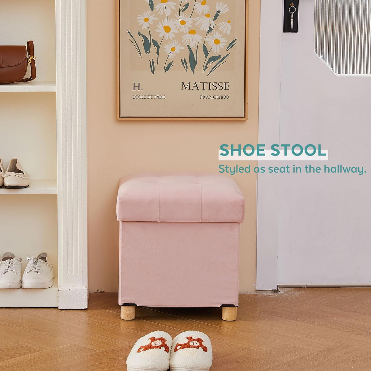 BRIAN & DANY 15" Small Ottoman with Storage Cube, Square Storage Ottoman Foot Stool with Wood Legs, Velvet Ottomans for Living Room, Bedroom, Dorm, Pink
