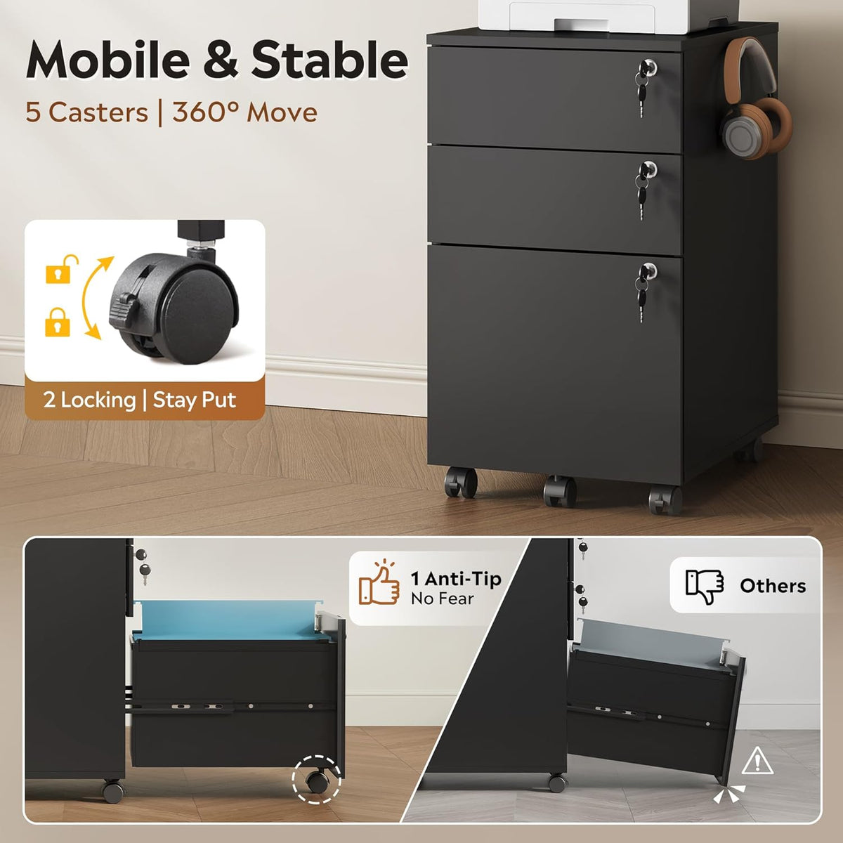 DEVAISE 3 Drawer File Cabinet with Individual Locks, Wood Filing Cabinet for Home Office, Mobile Printer Stand with Wheels, Under Desk Storage for Letter/A4/Legal Size, Black