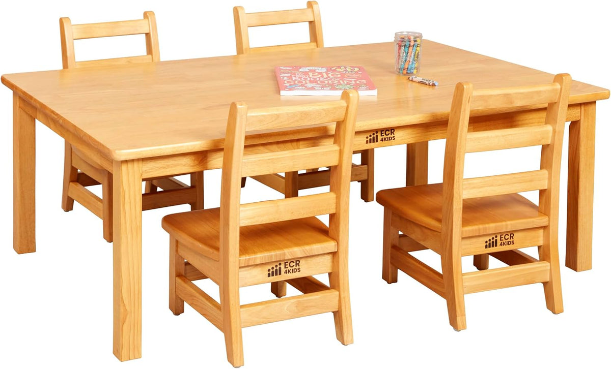 ECR4Kids 30in x 48in Rectangular Hardwood Table with 16in Legs and Four 8in Chairs, Kids Furniture, Honey, 5-Piece | Durable rubberwood, GREENGUARD Gold Certified, ANSI/BIFMA Compliant, 2-3 years, 74 lb seat capacity, classroom & home use