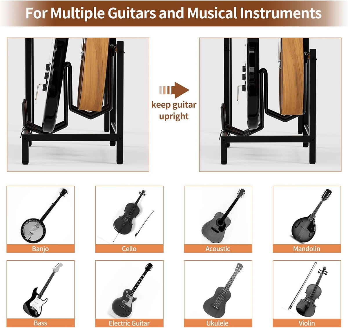 YAKANJ End Table with Guitar Stand,Record Player Stand,Vinyl Records Storage,2-Tier Guitar Stand for Acoustic,Turntable Stand for Music Studio-Brown