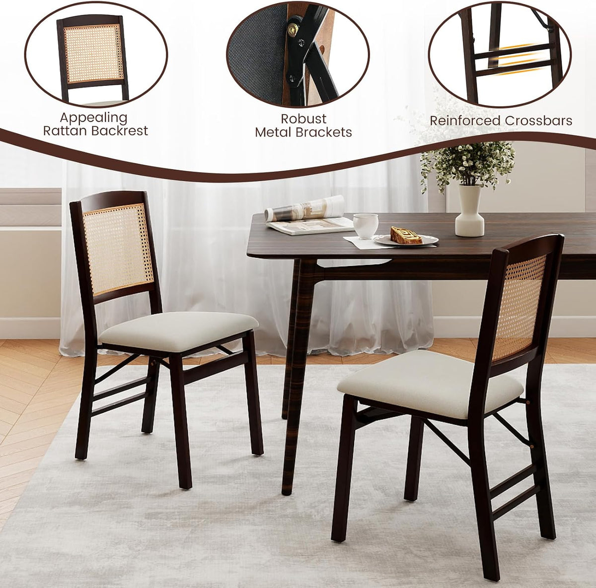 KOTEK Folding Dining Chairs Set of 4, Wooden Kitchen Chairs with Padded Seat & Rattan Backrest, Foldable Armless Side Chairs for Dining Room, Living Room (Espresso & Beige)