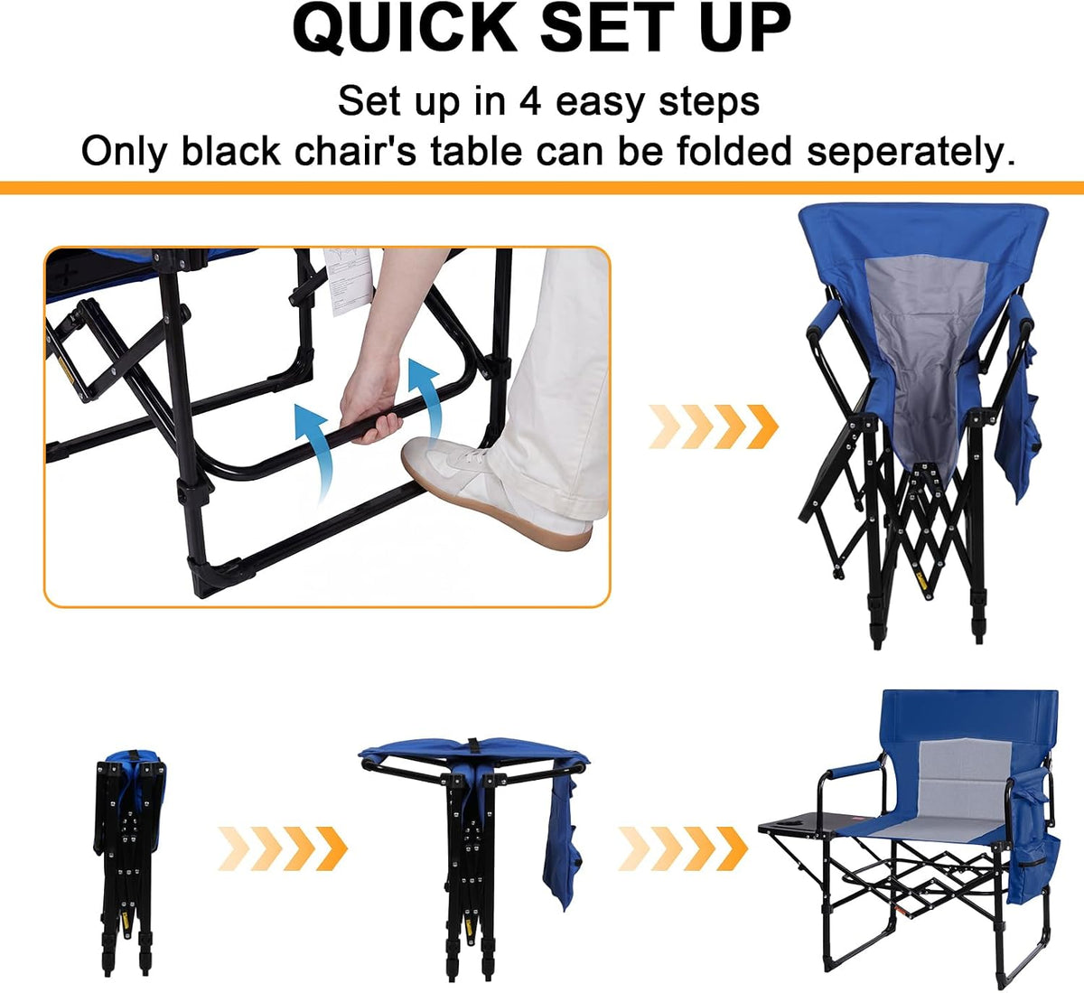 2 Pack Directors Chair with Side Table, Heavy Duty Folding Camping Chair for Adults, Portable Sports Chair with Cup Holder & Side Pocket, Compact Outdoor Chair Supports 400lbs, Blue