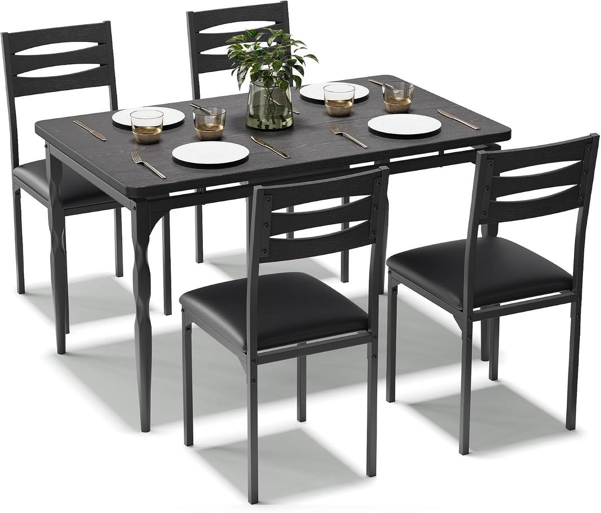 GarveeHome 5 Piece Dining Table Set, Industrial Style Dining Table and Chairs Set for 4, Kitchen Table Set for Dining Room Kitchen Apartment, Black