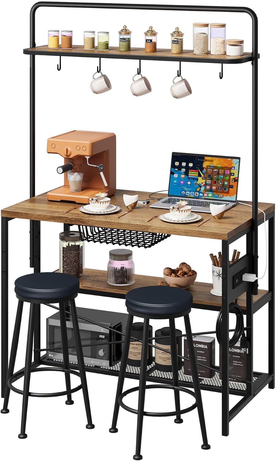 Kitchen Microwave Stand Coffee Bar Table with Storage, Natural | Small Kitchen Island with Power Outlet, 2 Bar Stools & 5 Hooks, adjustable Industrial Bakers Rack for Apartment Dining Room