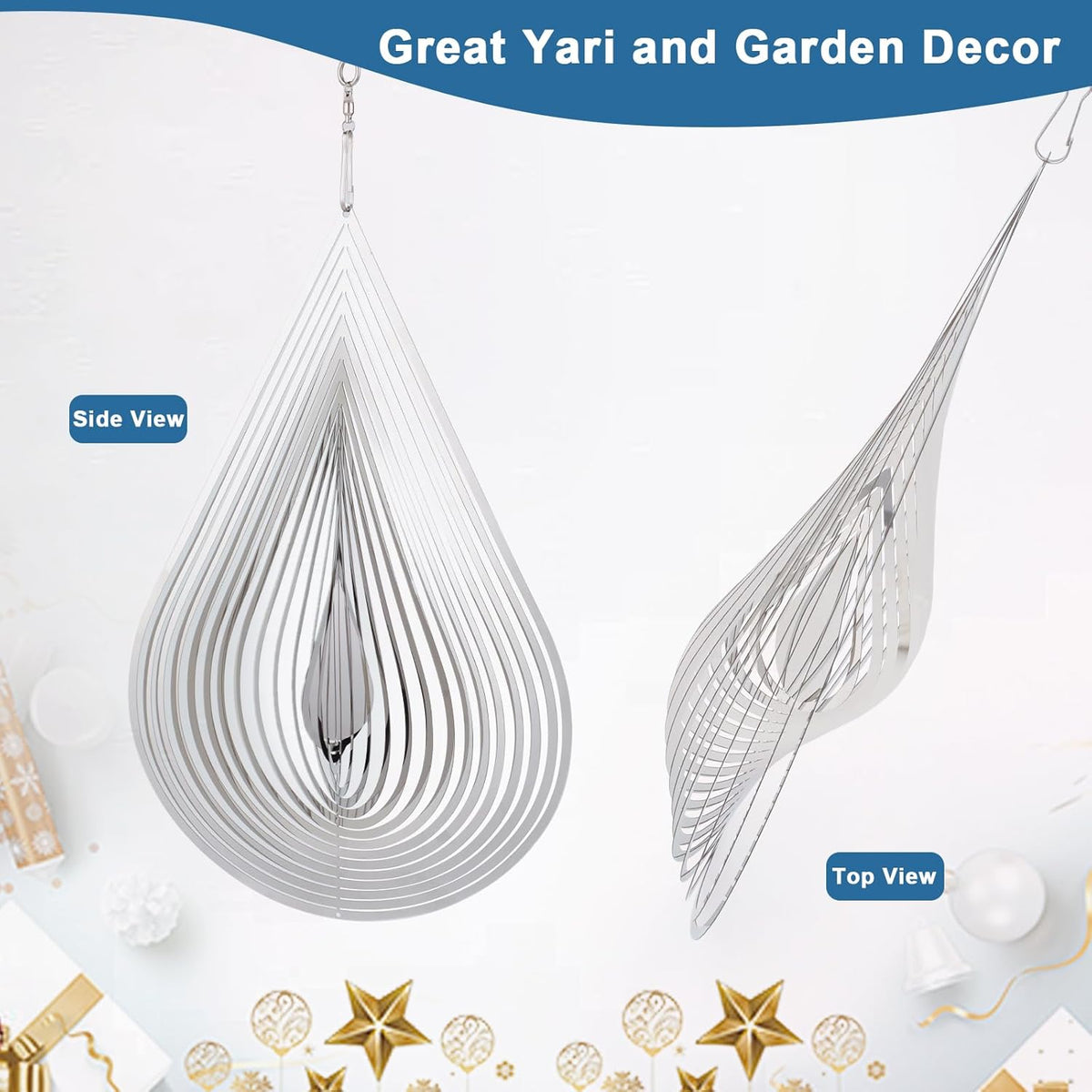 Wind Spinner Flowing-Light Effect Courtyard Decorations Made of Stainless Steel House Hanging Decoration 12“x 8“ Spinners with a 360° Rotating Hook (2 pcs Water Drop-Silver)