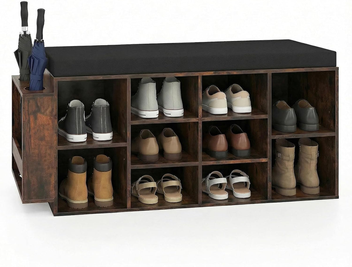 Tangkula Shoe Storage Bench with Umbrella Holder, 40" Shoe Organizer with Cushioned Seat, 10 Cubbies & Adjustable Shelves, Wooden Industrial Shoe Rack for Entryway, Living Room, Bedroom (Rustic Brown)