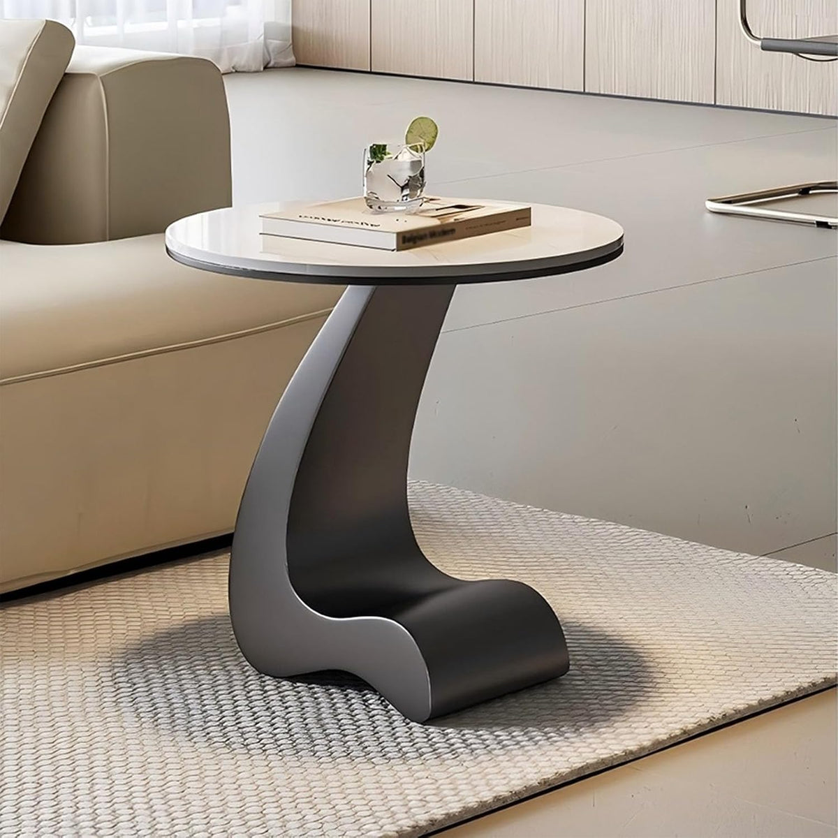 Modern Round Side Table,C Shaped End Table for Couch,Coffee Table with Sintered Stone Tabletop and Metal Frame for Living Room Balcony,Snow Mountain White