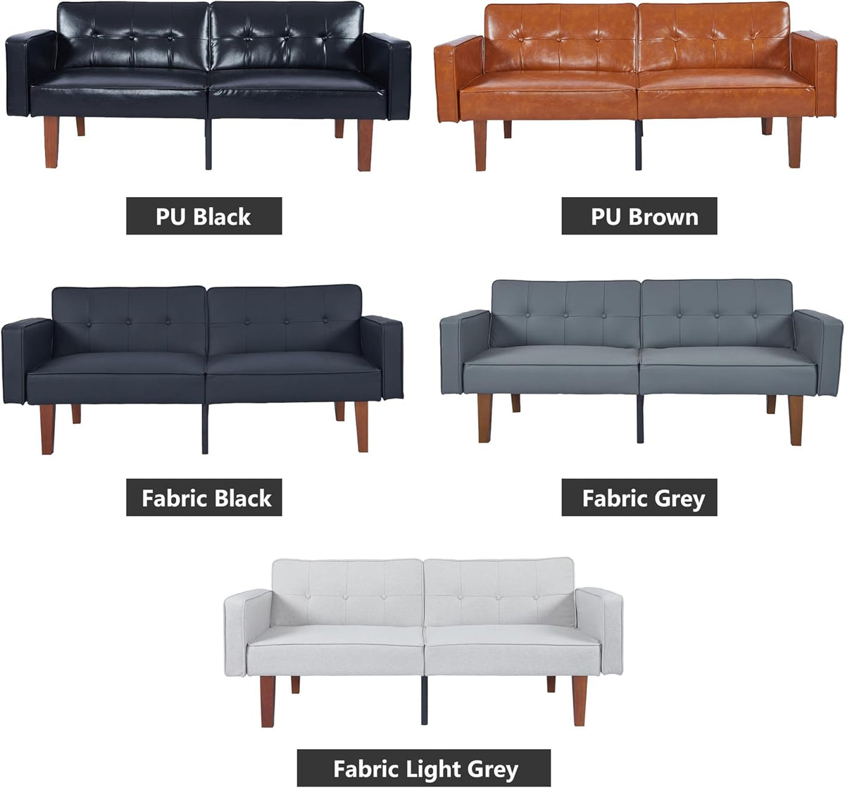 mikibama Convertible PU Leather Black Futon Sofa Bed with Split Back,Mid Century Modern Sleeper Couch Beds,68.11" Tufted Loveseat Futons for Living Room RV, Small Spaces