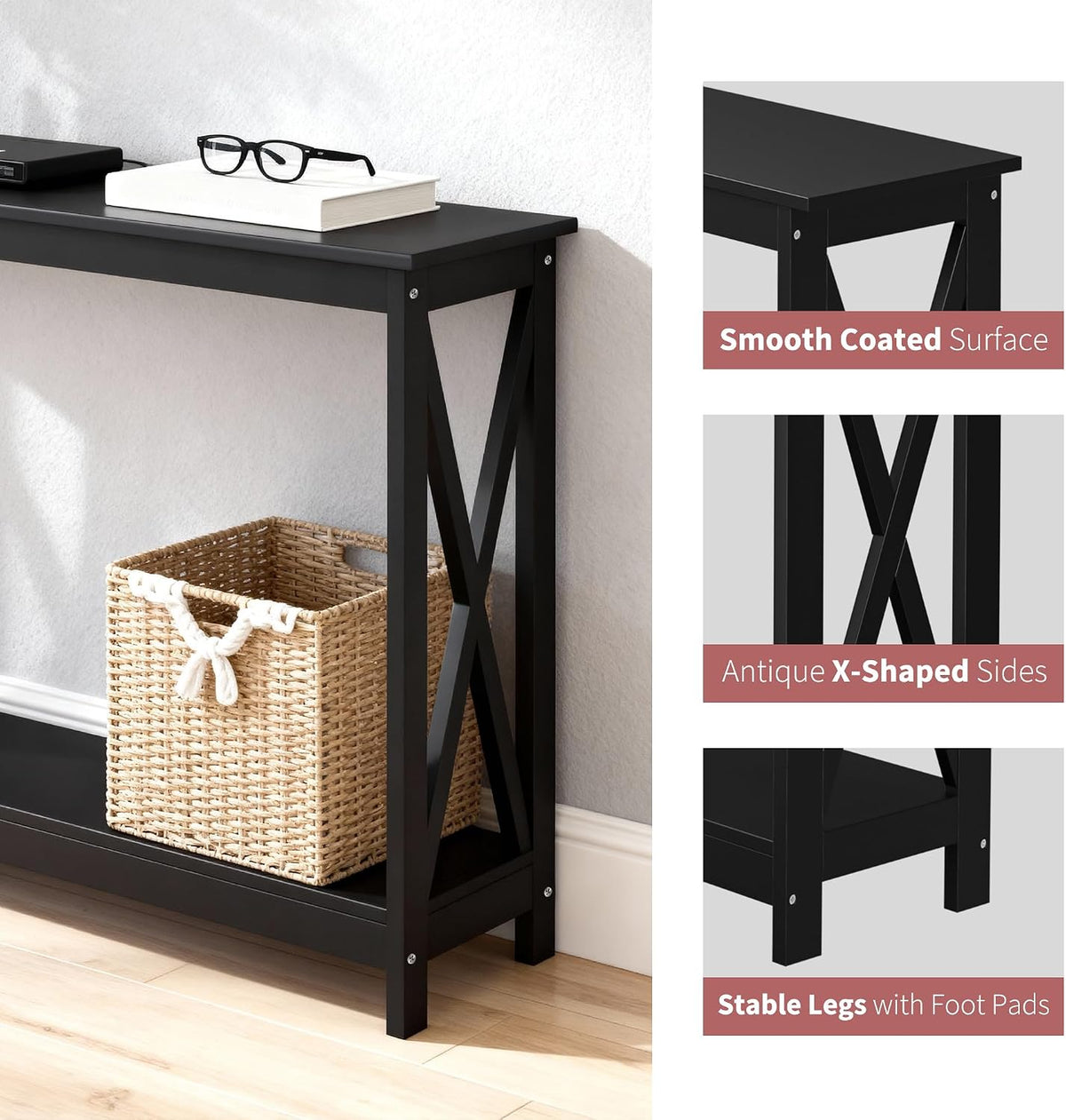 SUPER DEAL Console Table 47”, 2-Tier Narrow Sofa Side Table with Storage Shelf, Entrance Table for Hallway/Foyer/Living Room/Corridor/Office, Black