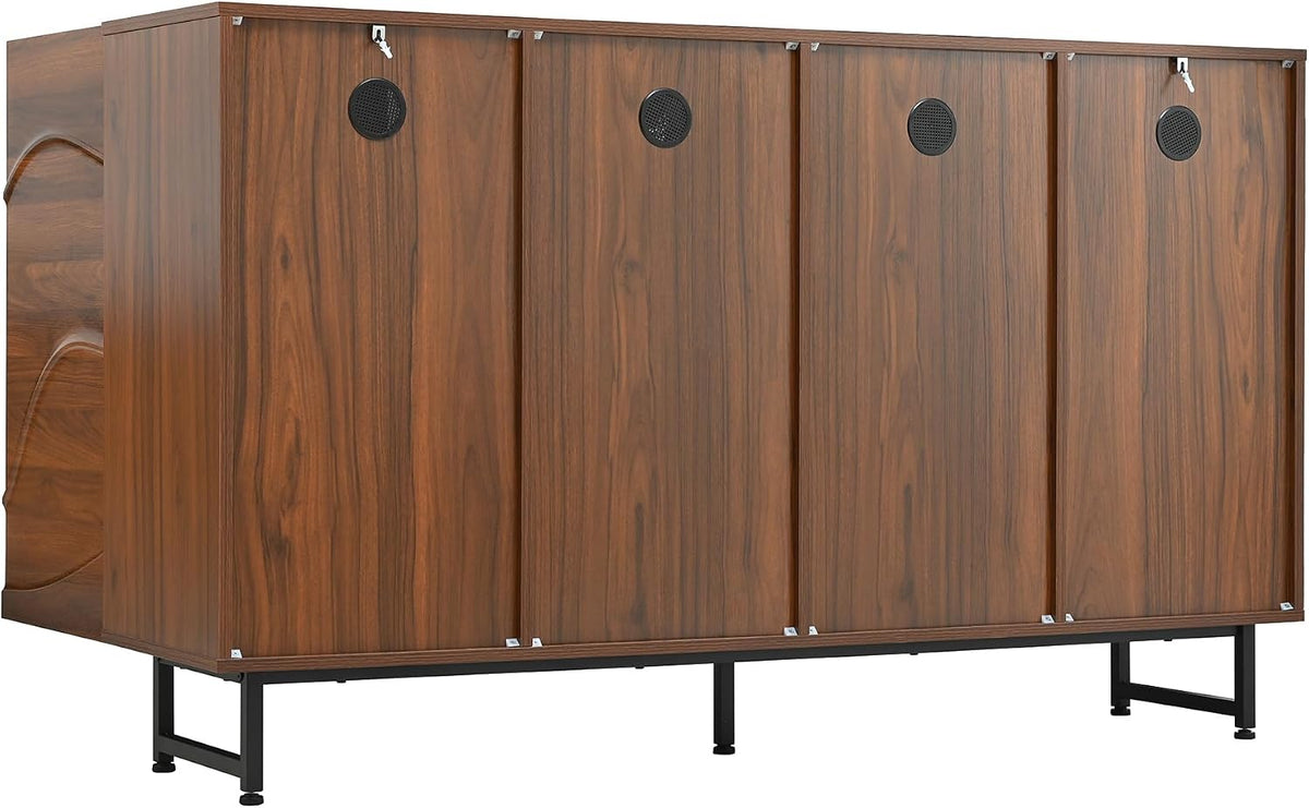 Modern Sideboard with Wave Relief Design, 59 Inch Solid Wood Storage Cabinet & Buffet with Iron Legs for Dining Room, Industrial TV Stand for Living Room, Walnut Finish (Wood + 1)