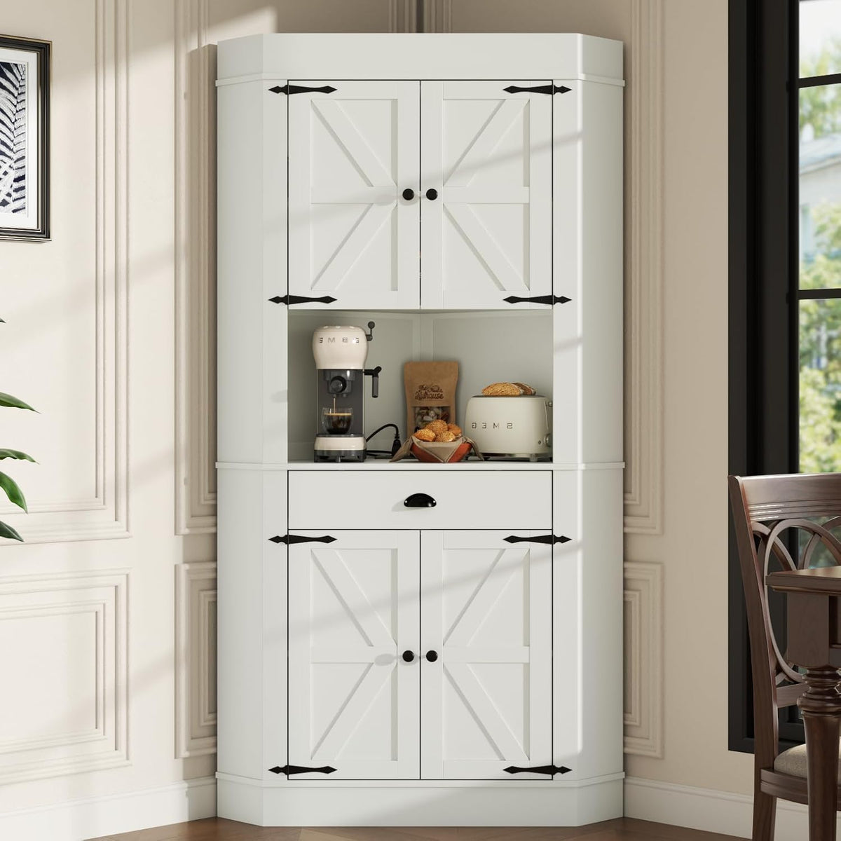 74"Corner Cabinet with Charging Station,Kitchen Pantry Storage Cabinet with Drawer,Freestanding Kitchen Pantry Cabinets with Doors and Shelves,Farmhouse Food Hutch for Dining Room,Living Room(White)