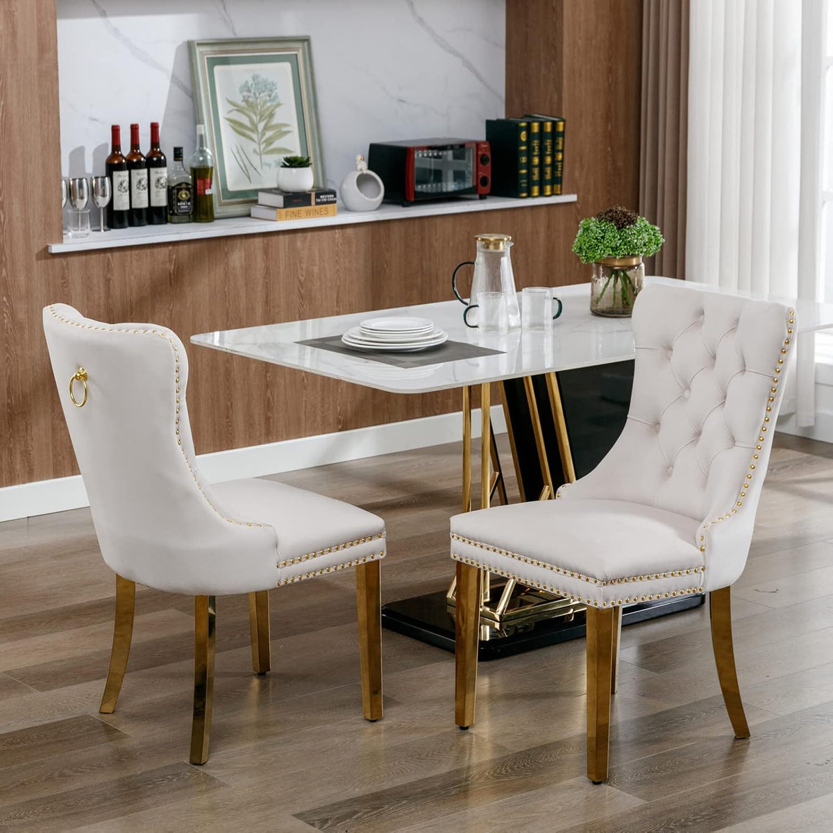 7 Piece Dining Table Set, White Faux Marble Dining Table with 6 Beige Velvet Dining Chairs, 68.11" Kitchen Table and Chair Set with Gold Stainless Steel Base, Luxury Dining Table Set for Kitchen