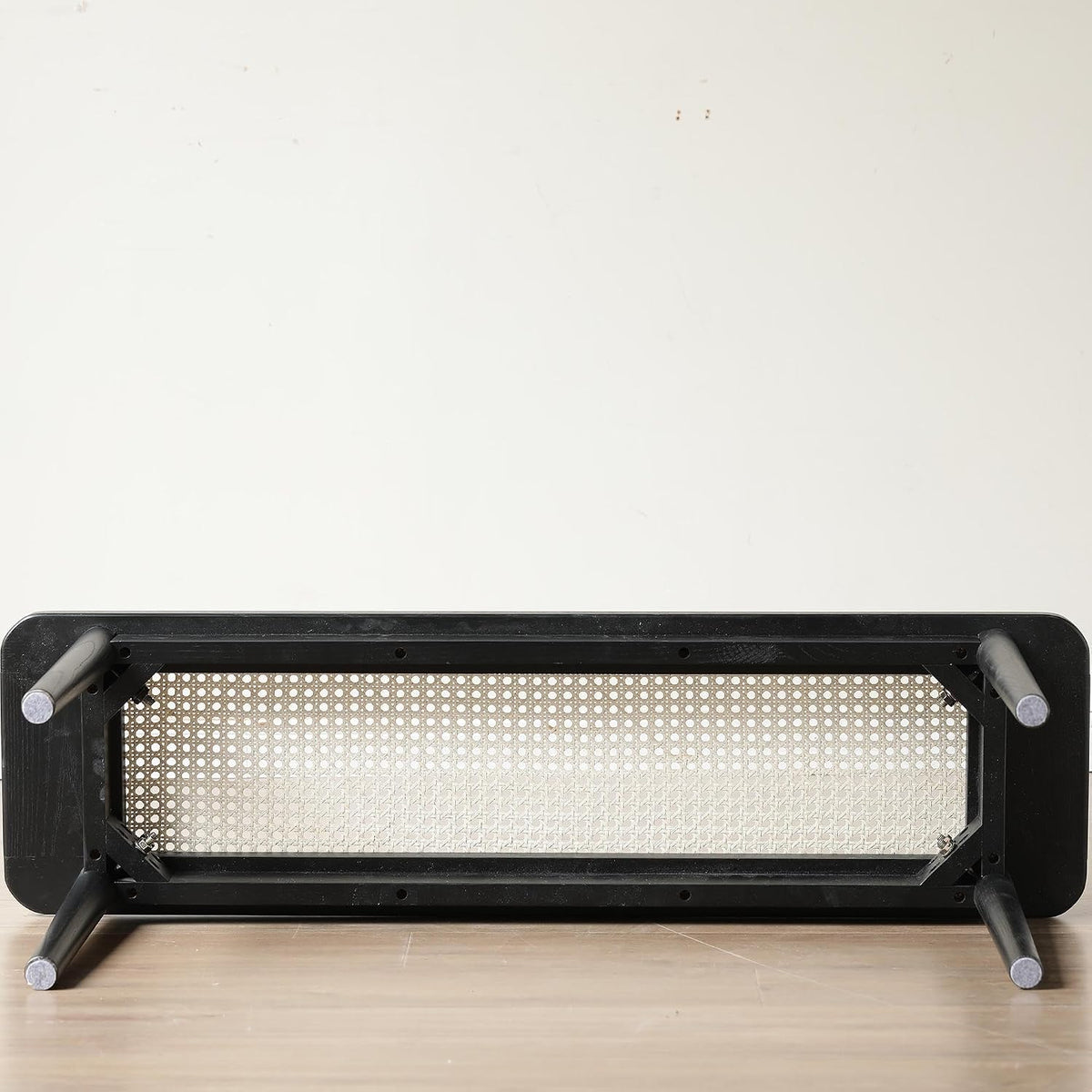 GDFStudio 47.24" Solid Oak Wood Dining Bench with Handwoven Rattan Seat, Modern Mid-Century Entryway Bench, End of Bed Bench for Bedroom Living Room, Black