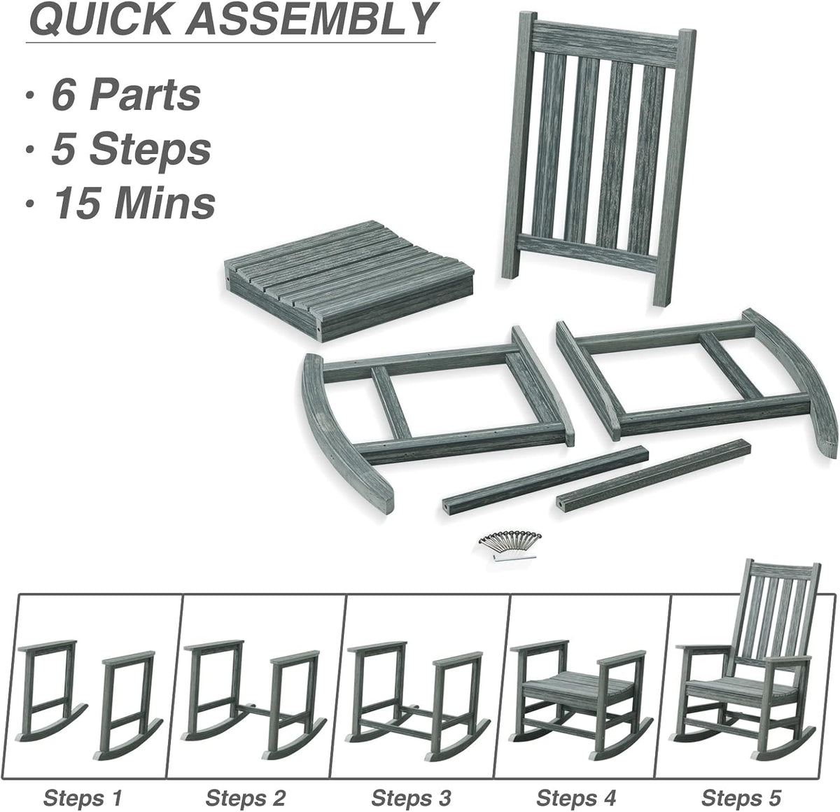 Oversized Outdoor Rocking Chair, HDPE 350lbs Heavy Duty Porch Rocker with High Back, All Weather Resistant Patio Rocking Chair for Lawn, Garden & Deck (Grey)