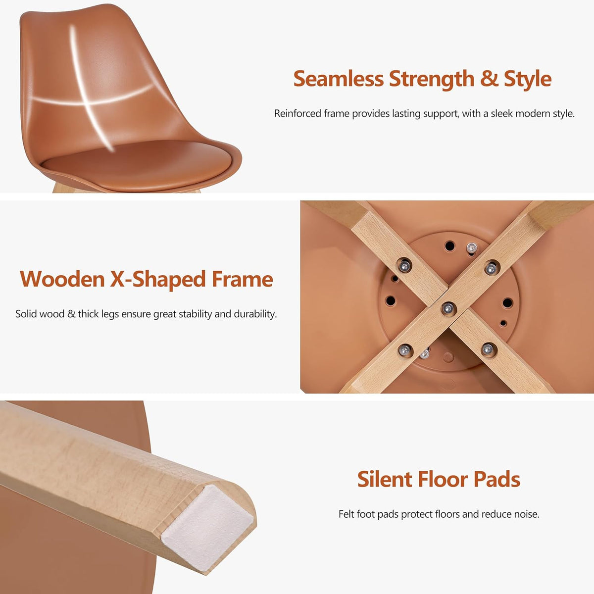 VECELO Dining Chairs Set of 4, Mid-Century Modern Kitchen & Dining Room Chairs, PU Leather Upholstered Seat, Solid Wood Legs, Armless, Non-Slip Feet, Orange