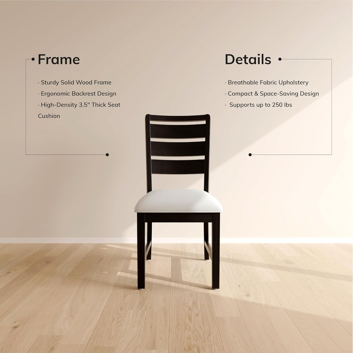 COLAMY Wooden Dining Chairs Set of 6, Farmhouse Upholstered Dining Room Chairs with 3.5" Thick Cushion, FSC Solid Wood Ladder Back Kitchen Chairs for Home and Restaurant, Easy Clean,Black