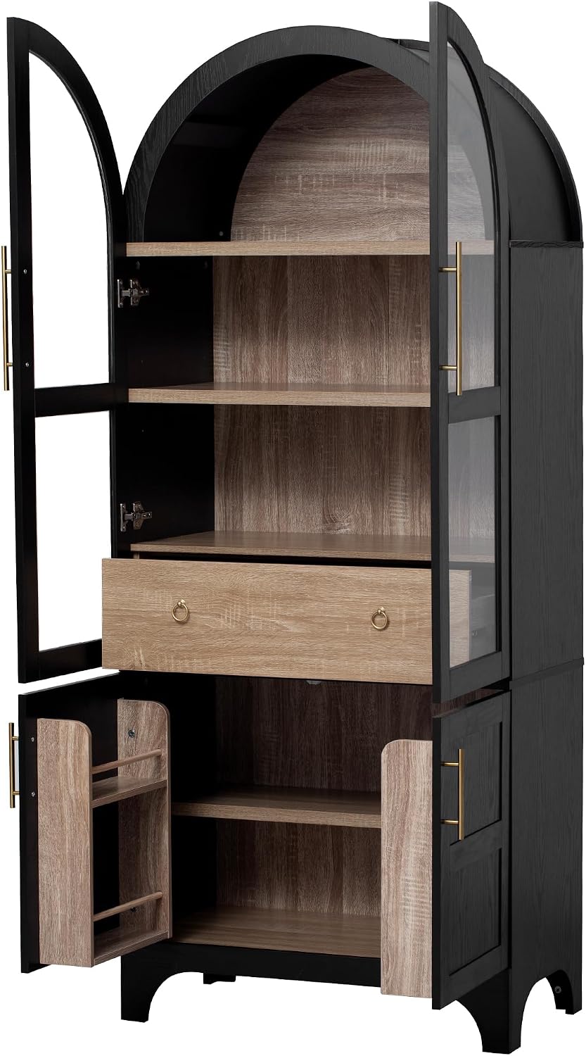 Kitchen 71" Arched Pantry Hidden Storage,Black-V | Adjustable Shelves Soft-Close Doors Anti-Tip Safety 4-Door Racks Durable MDF Multi-Room Use