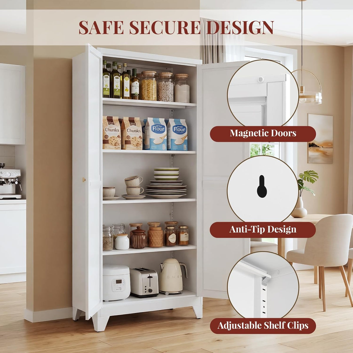 71" Metal Kitchen Pantry Cabinet with Dual Handles & Adjustable Legs, Freestanding Storage Cabinet with Doors and 4 Adjustable Shelves, Tall Food Pantry for Kitchen Dining Room, White