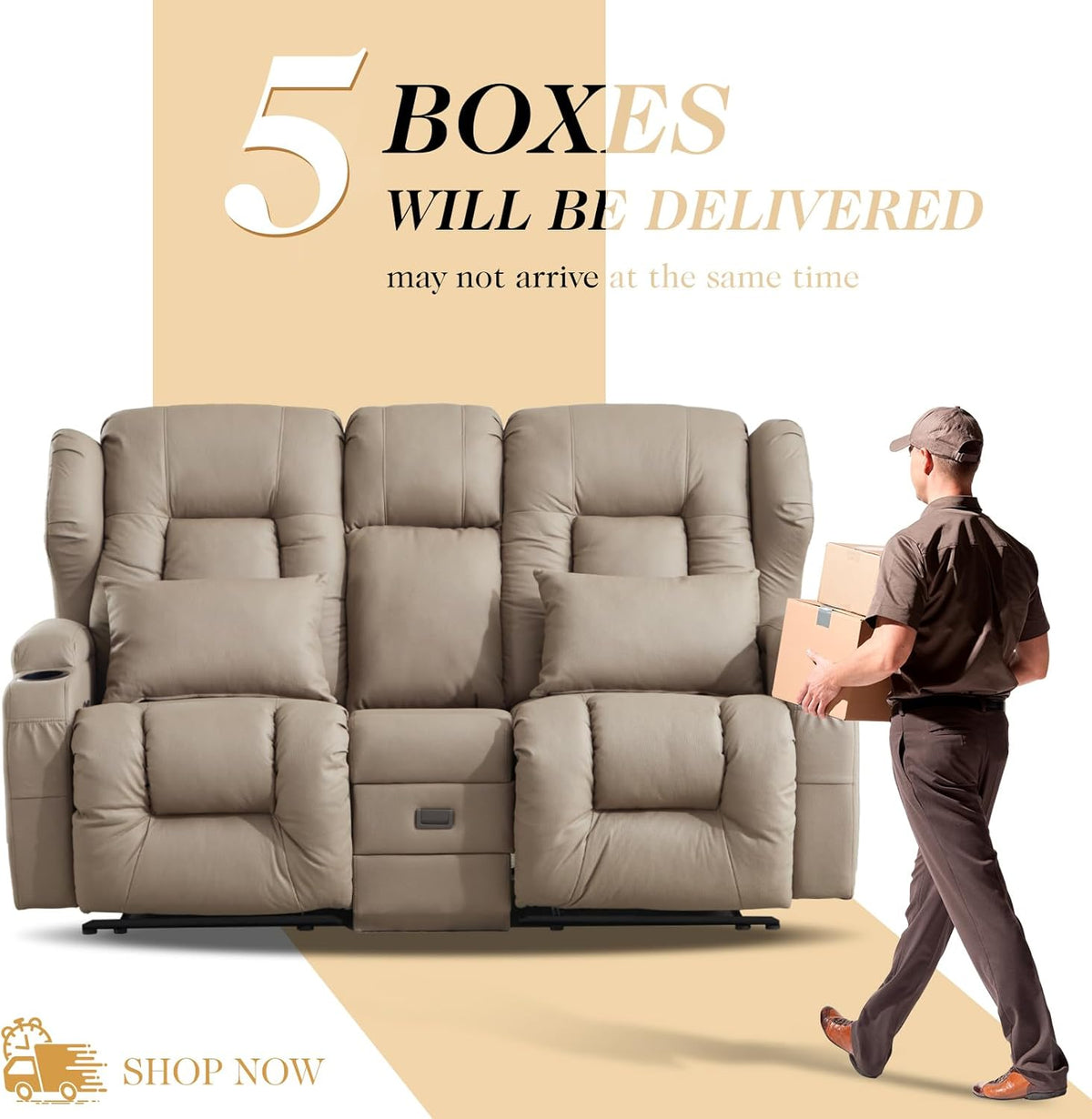 Loveseat Recliner Sofa,RV Wall Hugger Recliners for Small Spaces,Reclining Loveseat Sofa Recliner with Cup Holders/Lumbar Pillows,RV Furniture (Khaki, Loveseat with Flip-up Console)