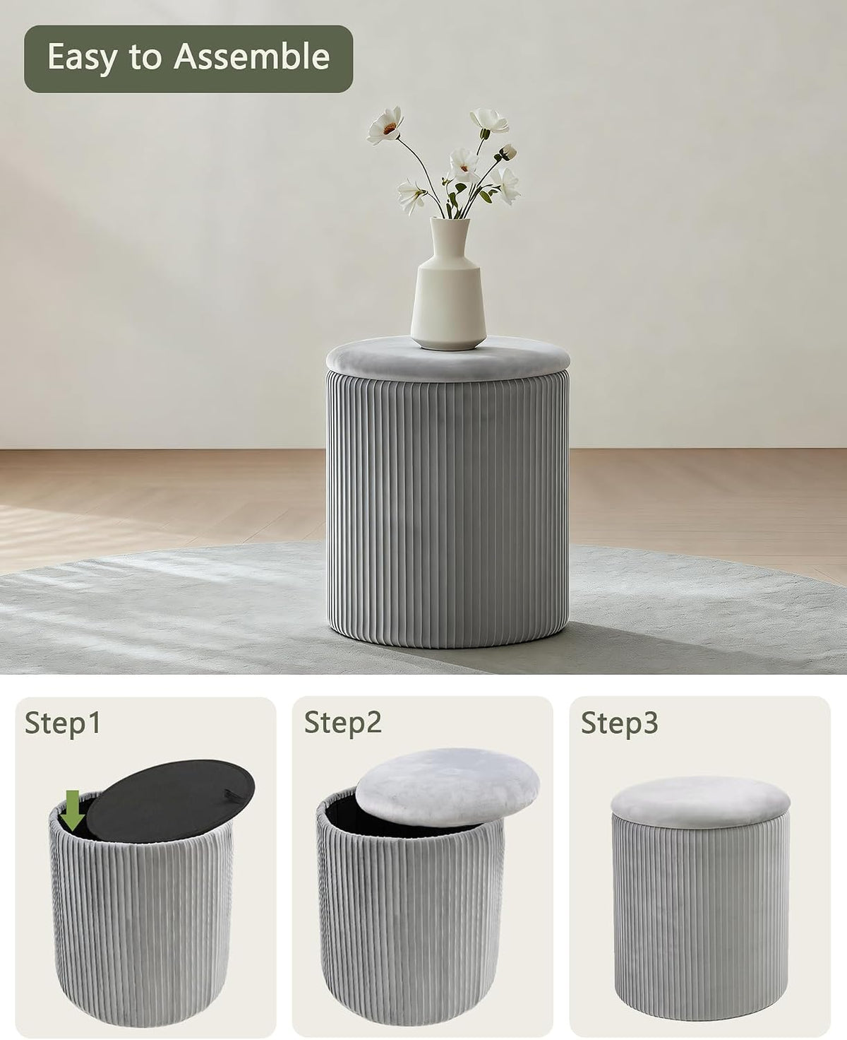 LITZFUR Round Ottoman with Storage, Velvet Foot Rest Stool, Grey | Versatile Upholstered Vanity Stool, Padded Folding Storage Ottoman for Living Room, Bedroom and Dorm