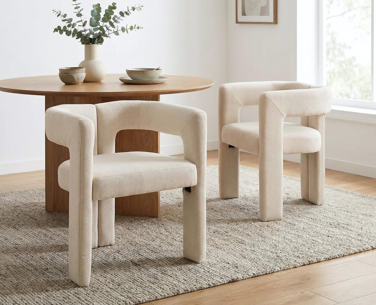 CIMOTA Modern Barrel Dining Chairs Set of 4, Linen Upholstered Accent Chairs with Arms/Open Back/Wood Legs, Designer Kitchen Chairs for Living/Reception/Dining Room, Beige