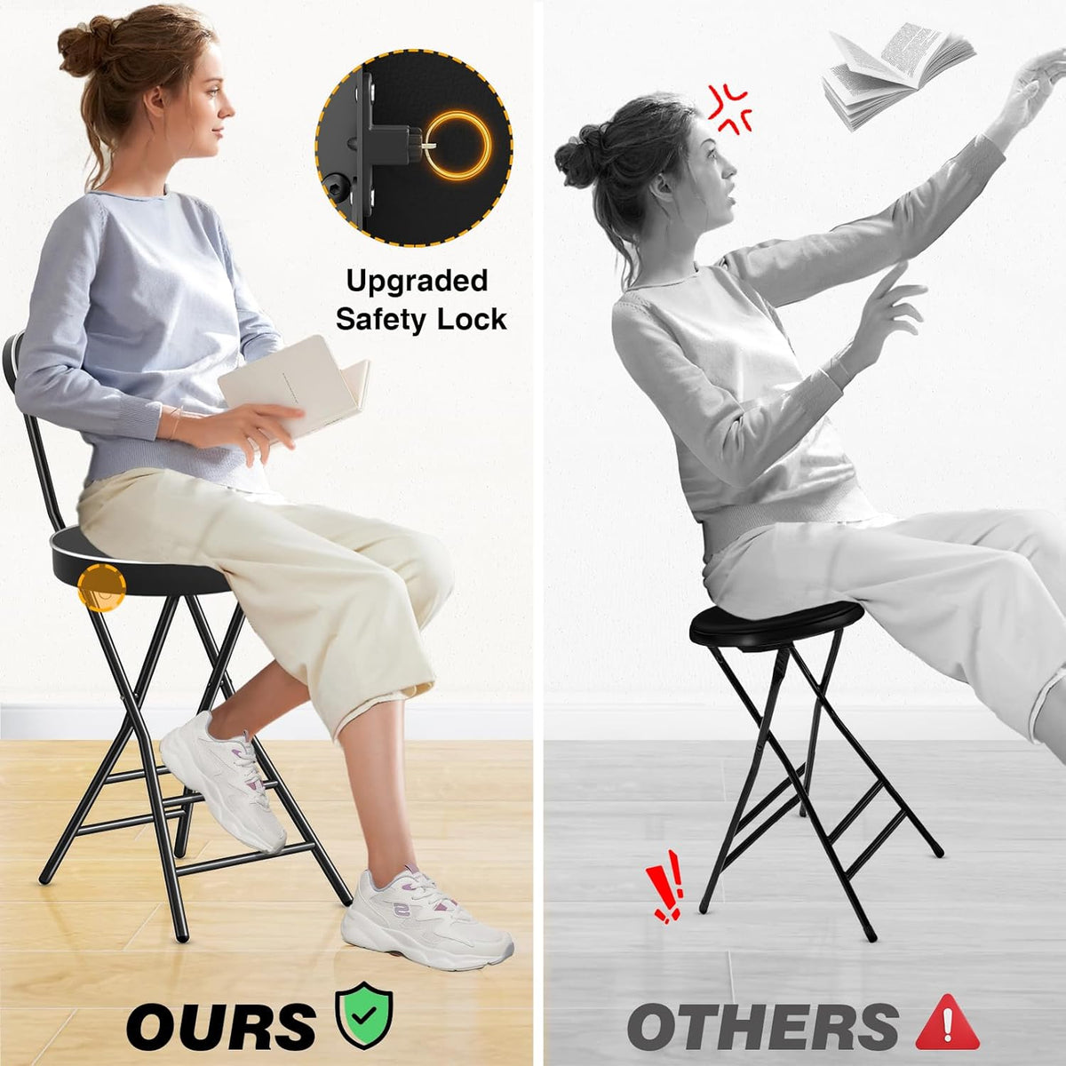 TAVR Folding Chair, Tall Folding Bar Chair with Backrest & Safety Lock, Portable PU Leather Counter Chair for Kitchen, Balcony, Camping, Fishing & Indoor Outdoor Use