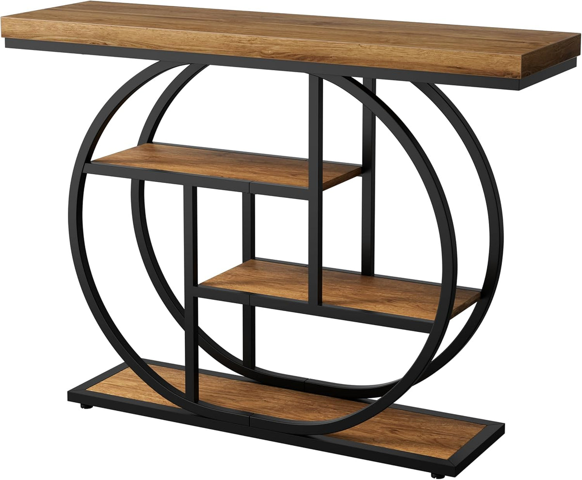Vongrasig Console Table with Circle Base, Industrial Narrow Entryway Table with Storage, 4-Tier Wood Sofa Table for Living Room, Hallway, Rustic Brown