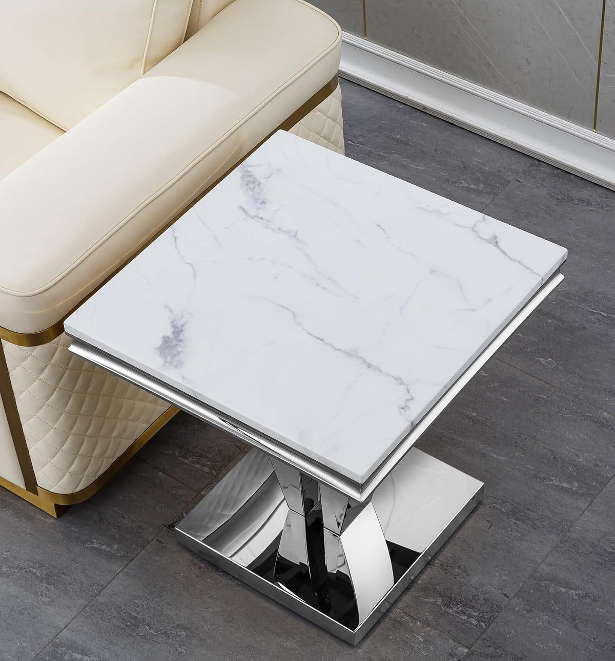 23in Faux Marble End Table w/Y Stainless Steel Base, Night Stand Square End Table for Living Room Modern White and Silver Sofa Side Table witn High Glossy White Square Accent Table Bedside Table