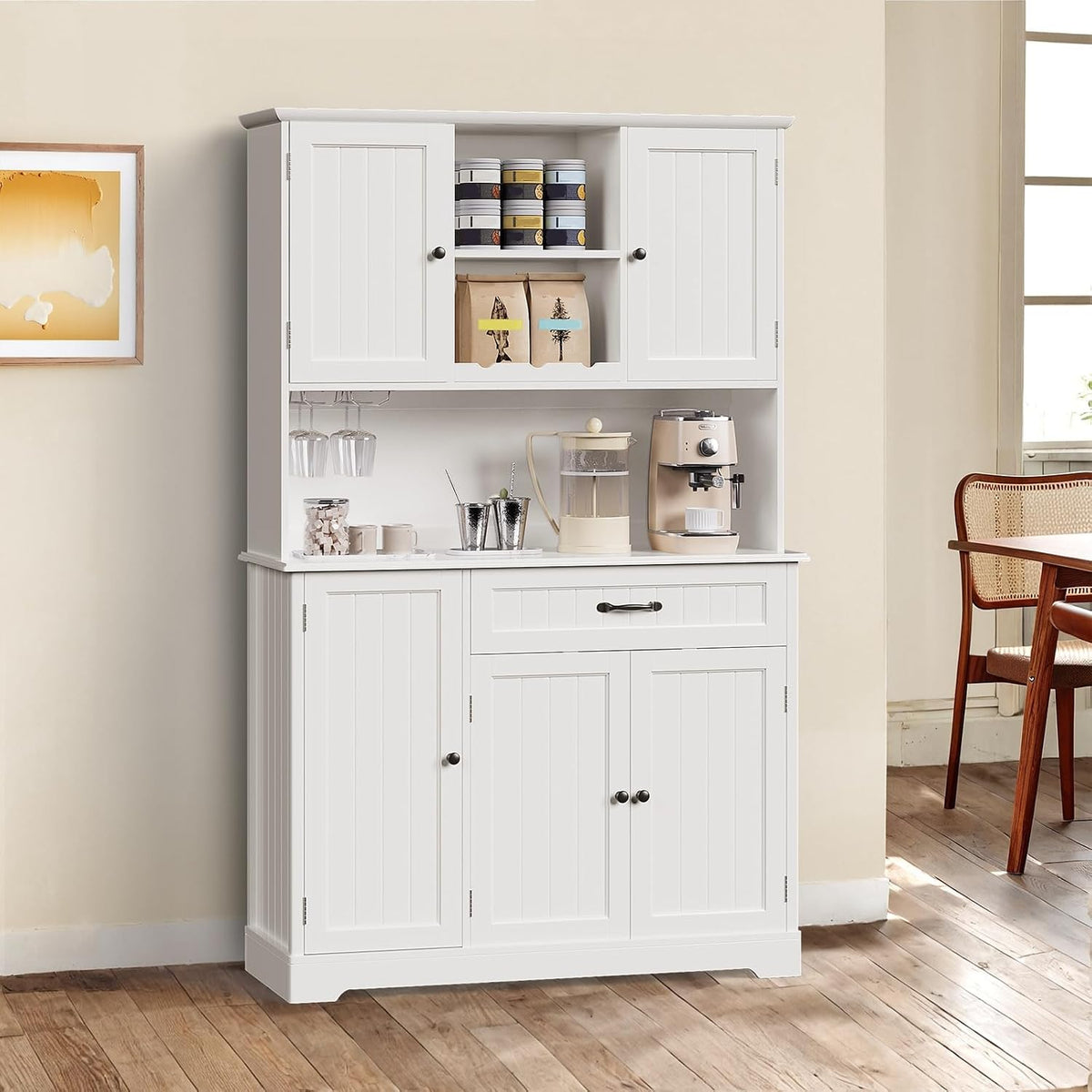 Gizoon 71" Kitchen Hutch with Storage Kitchen Pantry Cabinet with Doors and Shelves Coffee Bar Cabinet with Storage Farmhouse Pantry for Dining Room and Craft Room, White