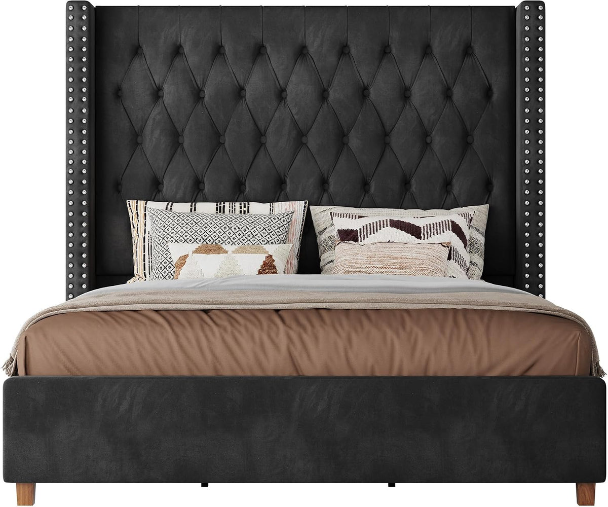 PaPaJet King Bed Frame 61.4" Tall Upholstered Wingback Headboard, Black