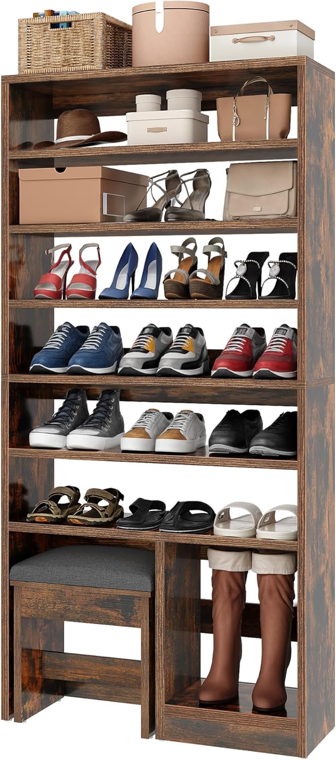 DWVO Shoe Cabinet with Hidden Bench, 8 Tiers Free Standing Shoe Racks, 70.9'' Tall Shoe Cabinet with Open Storage & High Boots Cubby for Entryway, Living Room, Rustic Brown