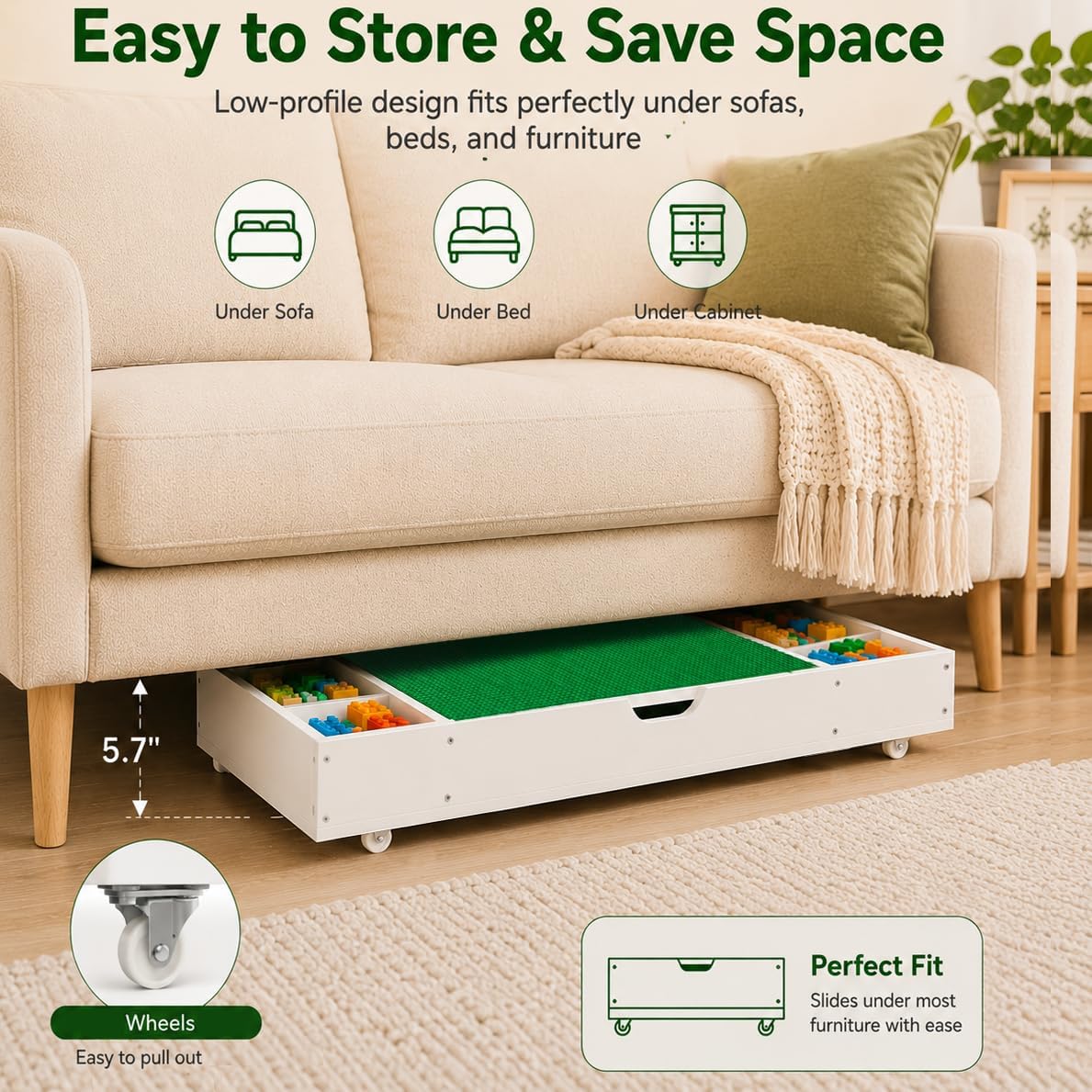 Kids Activity Table, 3-in-1 Block Table with Whiteboard and Storage | 3-in-1 Block, Whiteboard And Road Map Table With 11 Storage Dividers, Removable Wheels And 5.7-Inch Low Profile