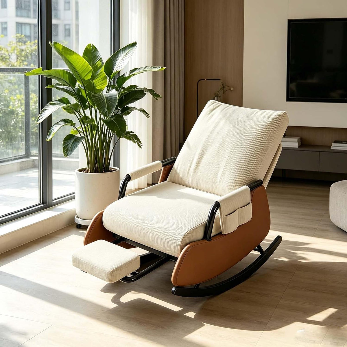 Ergonomic Folding Rocking Chair with Footrest,Folding Rocking Chair | Single Lazy Relax Chair with Arm Storage Pocket for Reading Napping Lounging