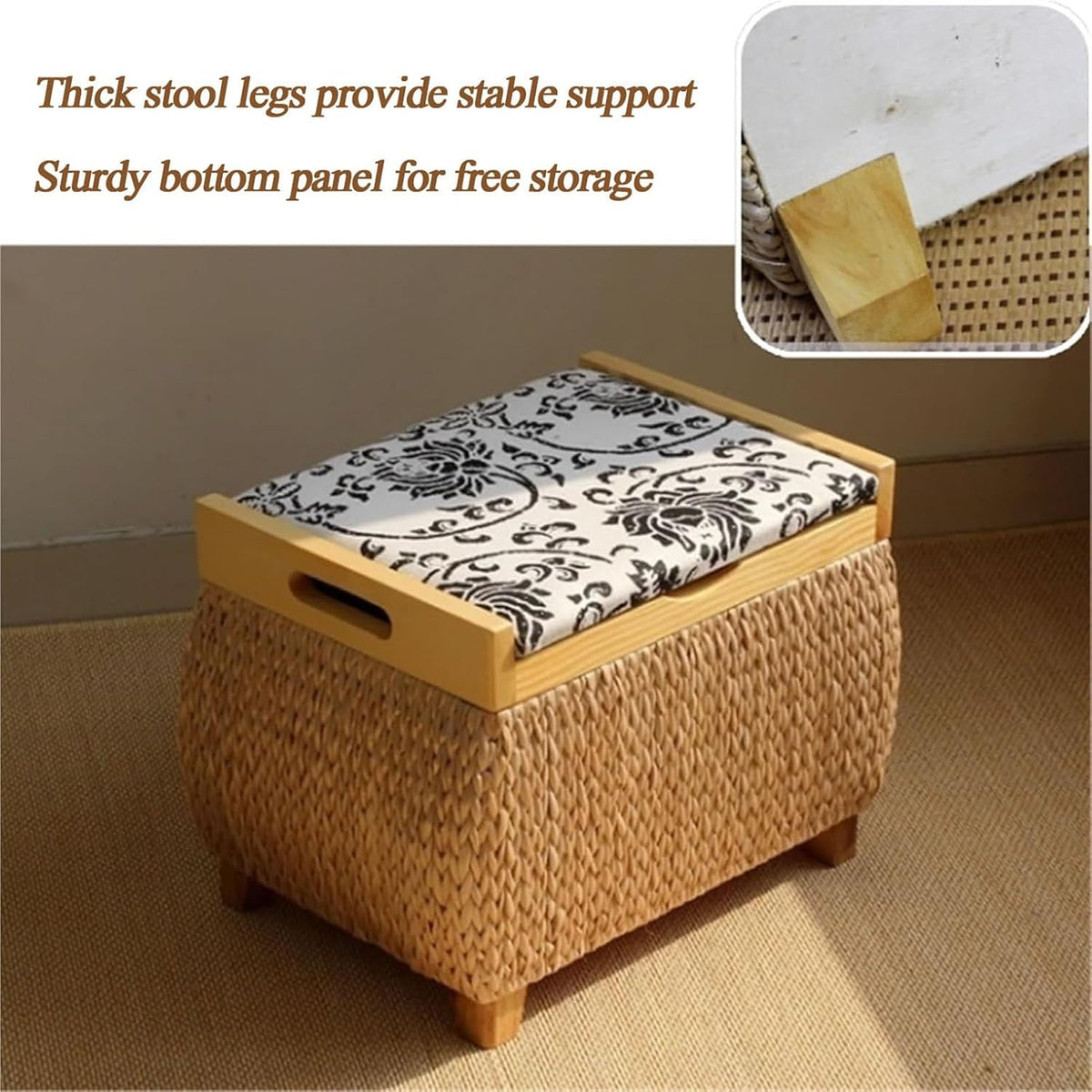 Ottoman with Storage Rattan Woven ,Bench with Padded Seat End of The Bed Entry Bench Footrest Stool for Hallway Living Room(Primary Color,53cm/20.9in)