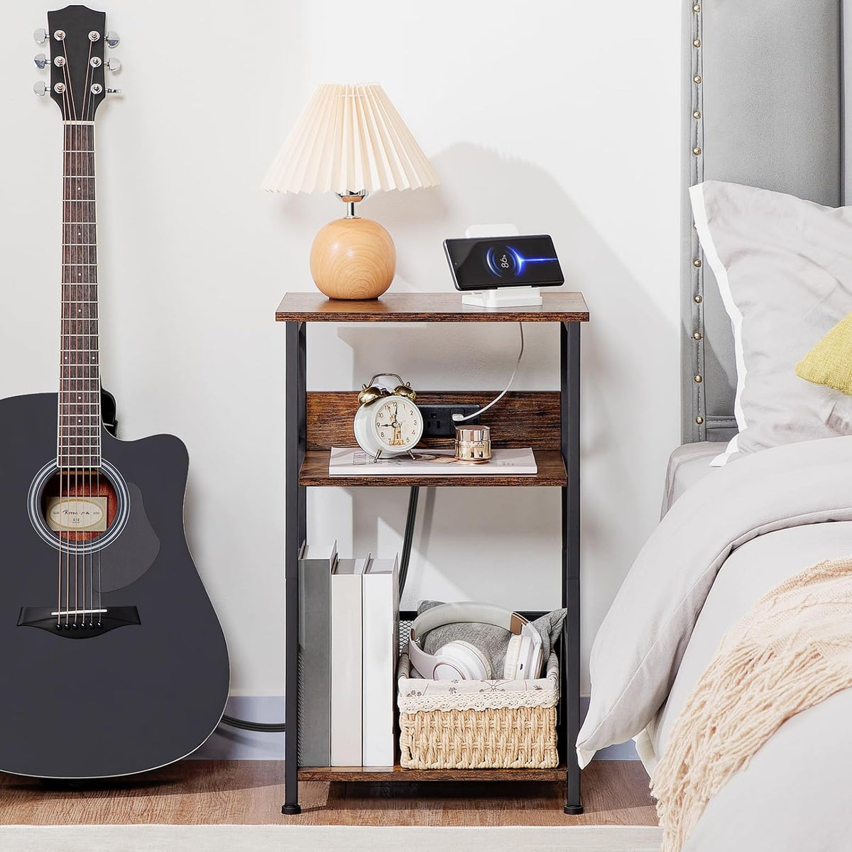AMHANCIBLE Record Player Stand with Charging Station, Turntable Stand with Storage Cabinet, 3 Tier End Table Hold Up to 100 Albums, Record Table for Vinyl, Living Room, Rustic Brown, HETCD01BR-1