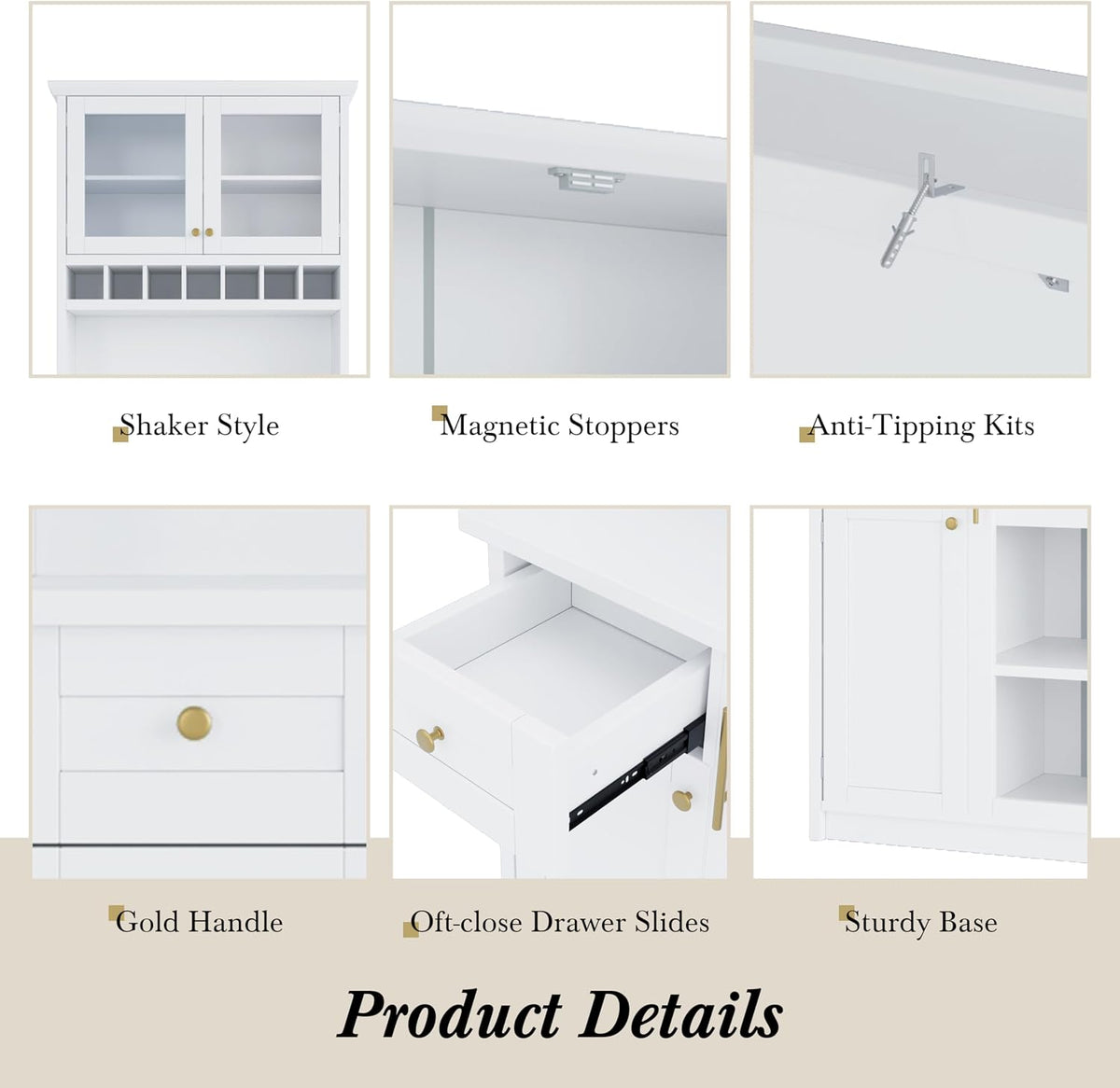 Kitchen Pantry Storage Cabinet with Wine Rack and Adjustable Shelves, Freestanding Buffet Cabinet with Hutch, White