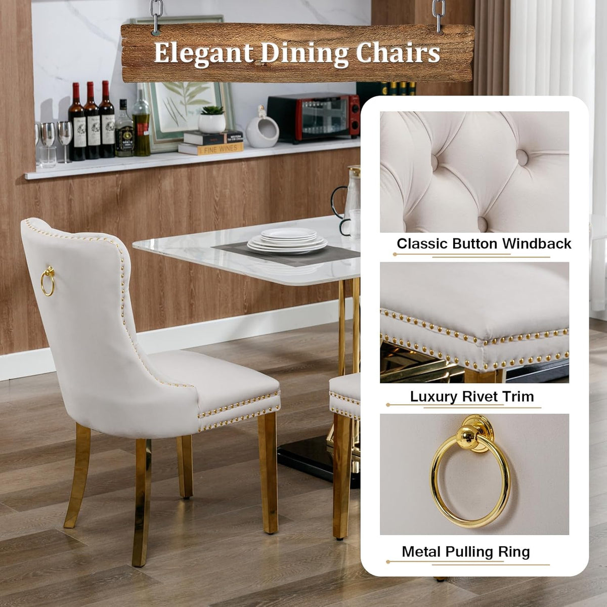 7-Piece Dining Table Set with 6 Beige Upholstered Chairs, 68" White Gold Faux Marble Kitchen Table Set for 6, U-Shape Pedestal Dining Room Table Set for 6, Modern Dining Table Set for 6