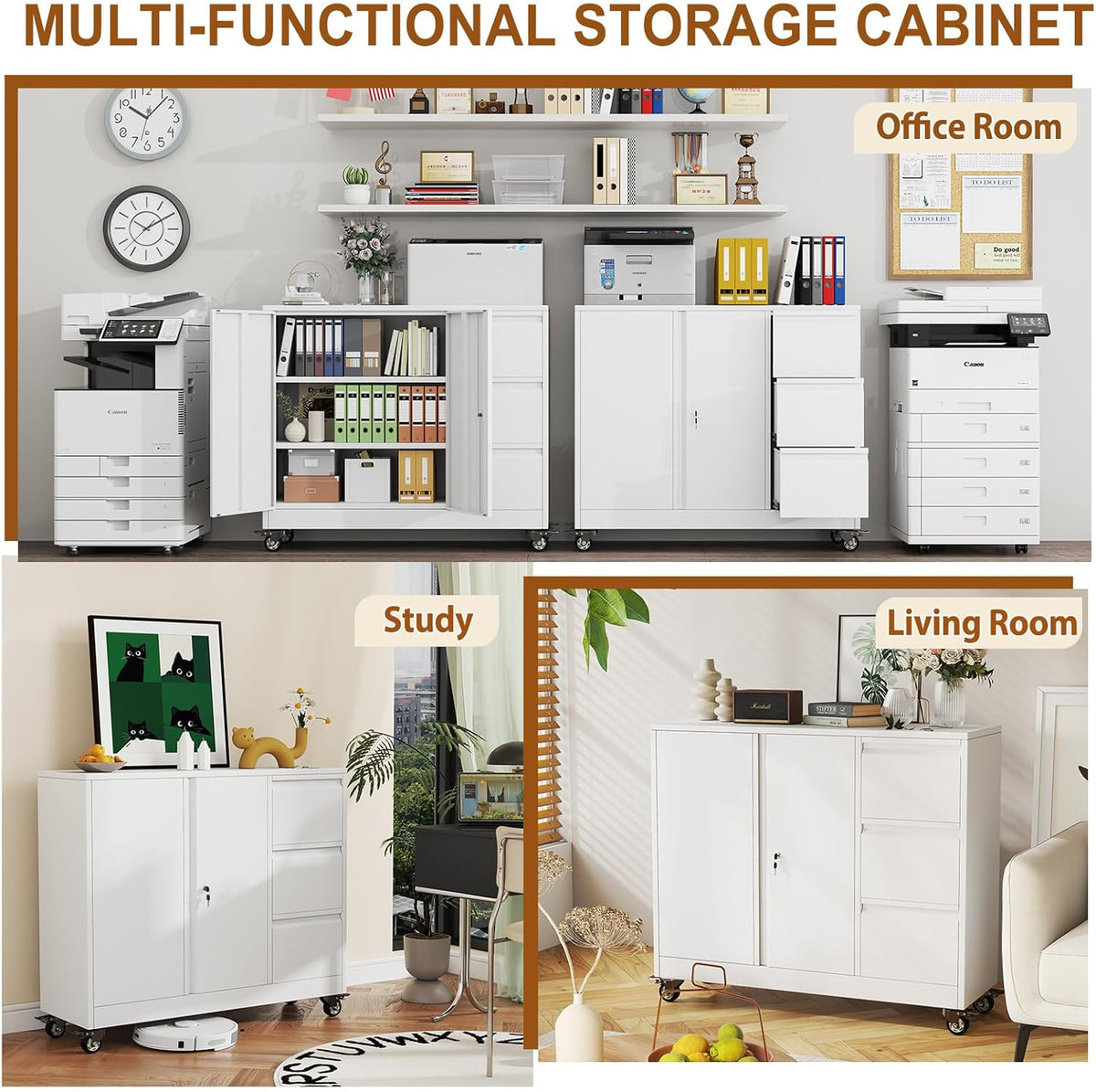 47" Rolling File Storage Locker Cabinet with 3-Drawer,Office Storage Cabinet with Adjustable Shelf & Universal Wheels, Mobile Printer Stand for Home Office, Living Dining Room,White