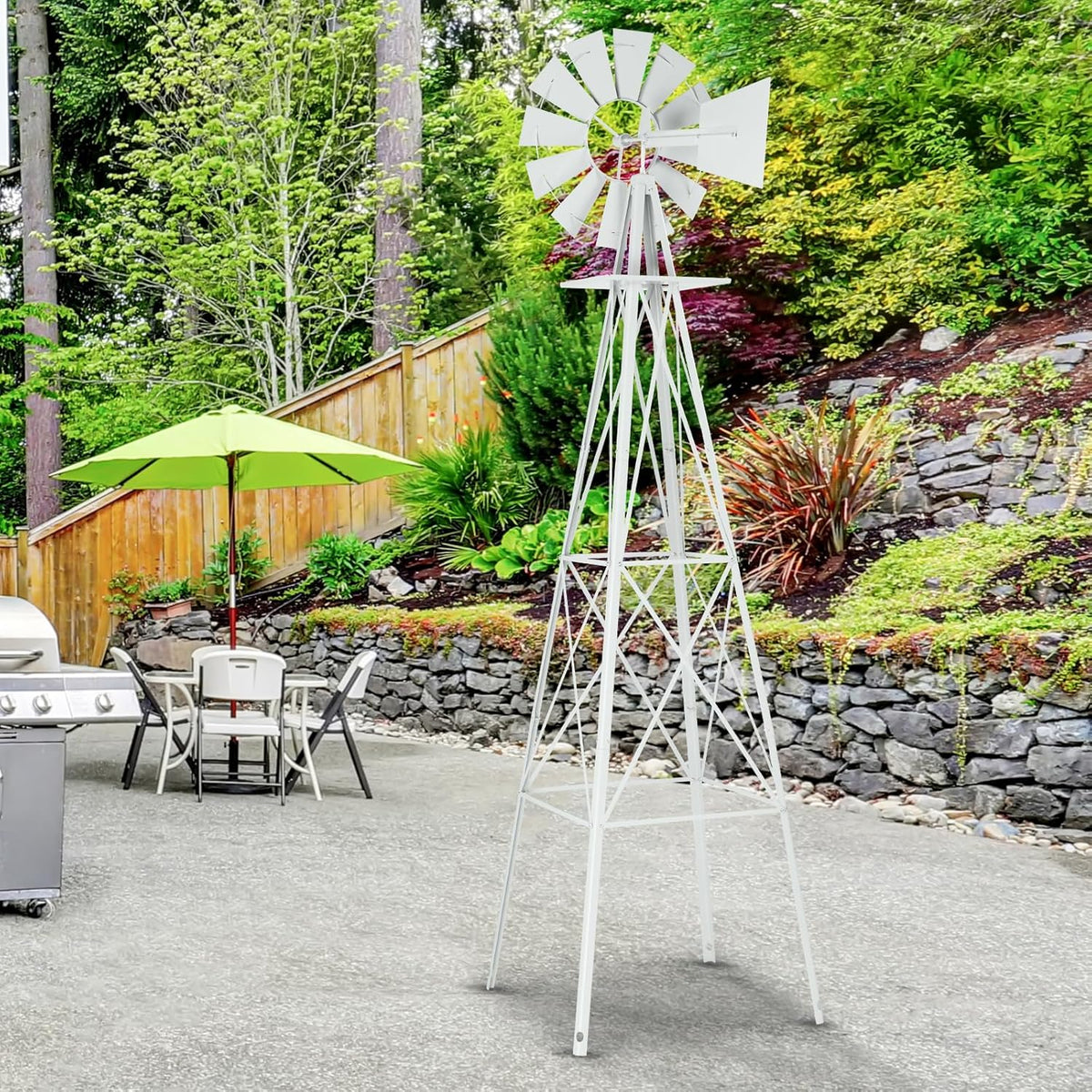 Garden Windmill for Yard Decor, 8 ft Tall Metal Windmill with Spinning Blades, Weather-Resistant Outdoor Windmill for Lawn, Farmhouse, Rustic & Farm Decor,White