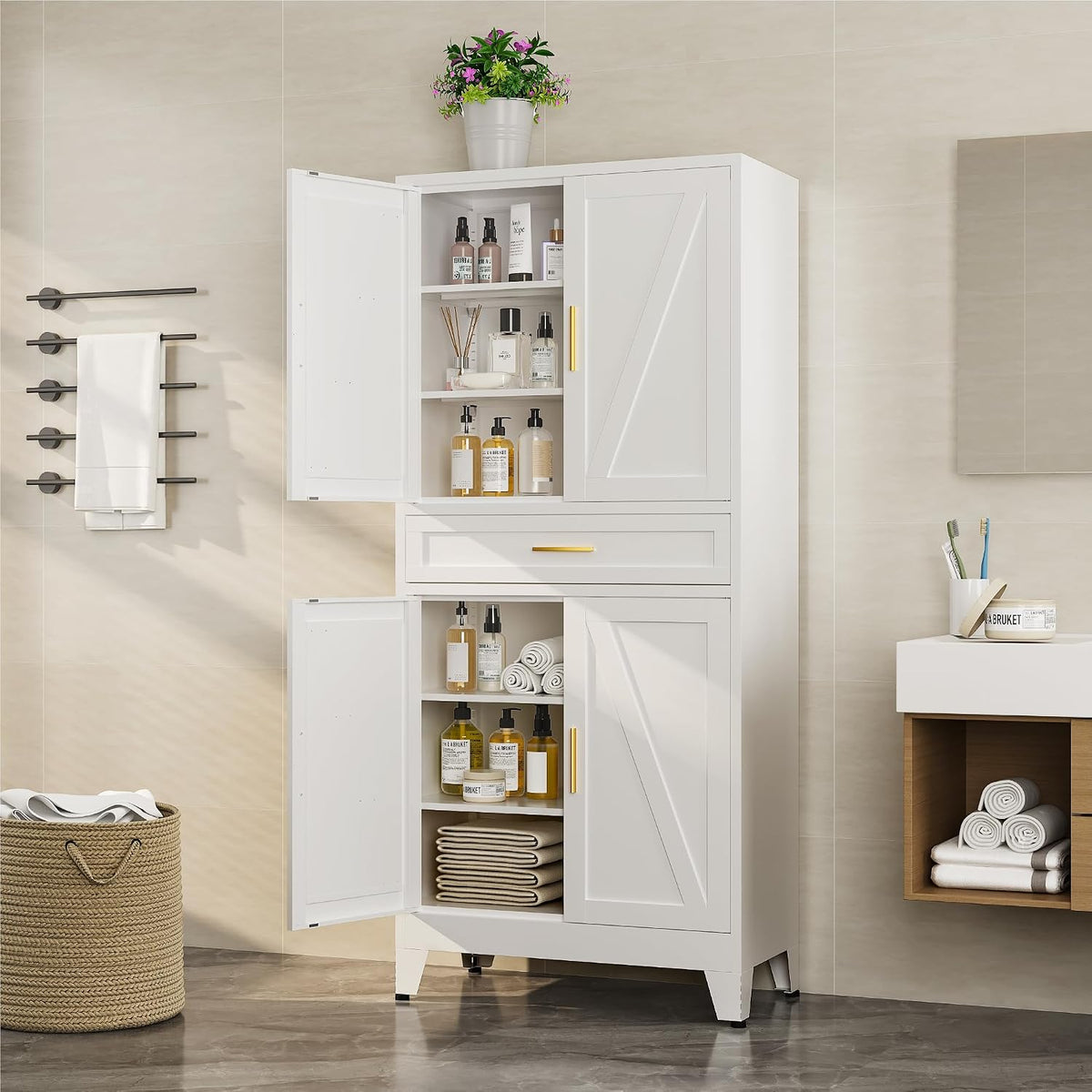 Bevivog Tall Pantry Cabinet with Drawers, 71" Metal Storage Cabinets with Doors and Shelves, 4 Doors Freestanding Cupboard for Kitchen/Office/Dining Room/Living Room/Laundry