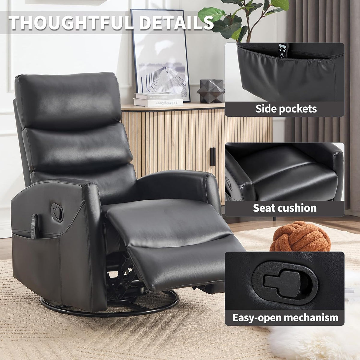 Rocker Recliner Chairs, 360° Swivel Rocking Recliner Chair for Adults,Glider Rocker Recliners, Small Recliners with Vibration Massage and Heat for Living Room (Black)